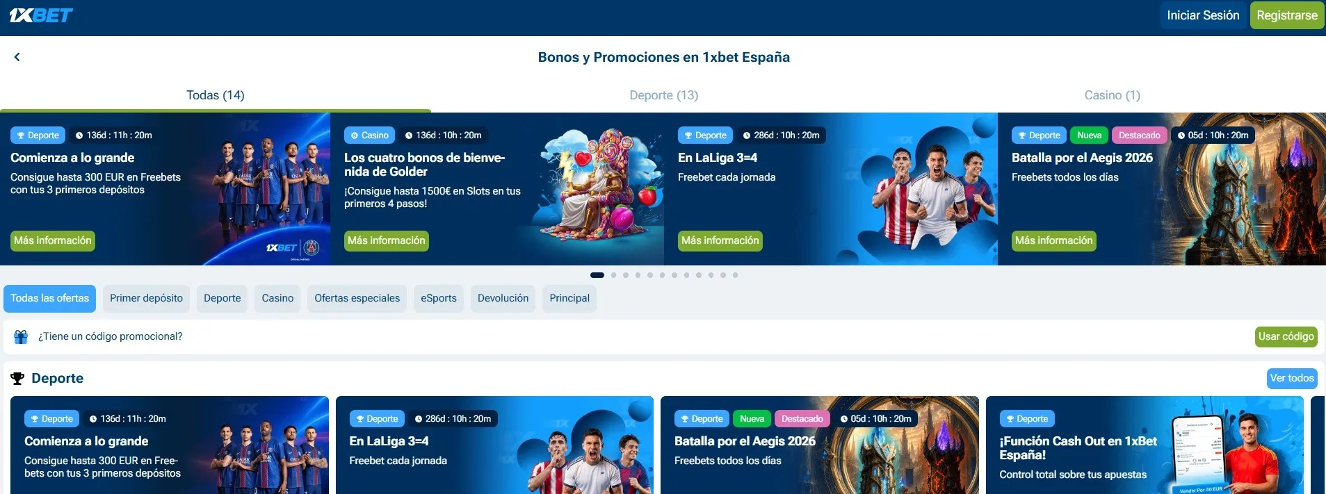 Bonos disponibles y ofertas oficiales 1xBet
