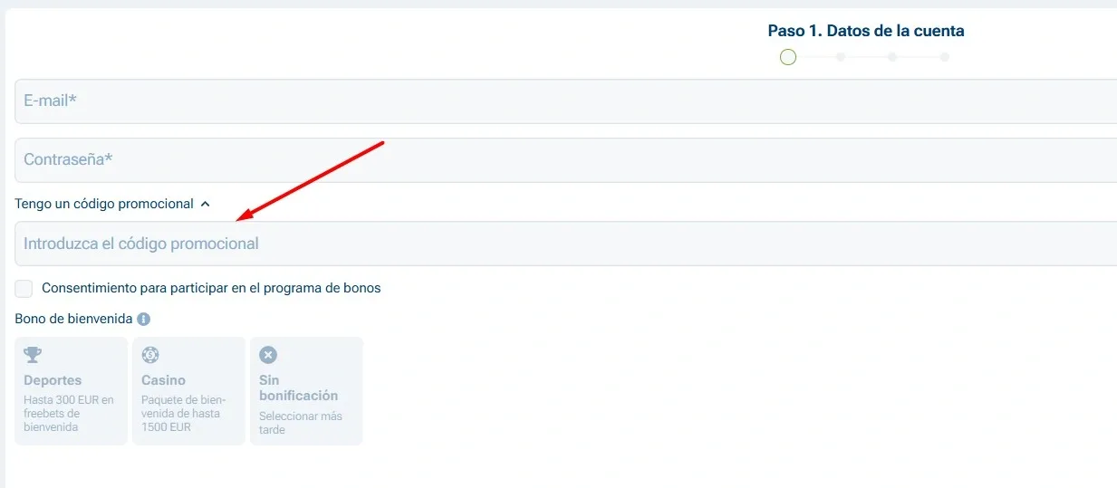 Campo promo 1xBet en registro inicial
